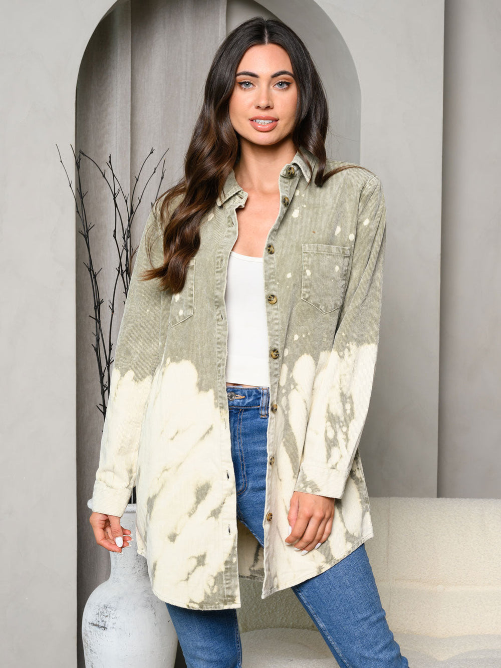 WOMEN'S LONG SLEEVE WASHED BUTTON CLOSURE CORDUROY TOP