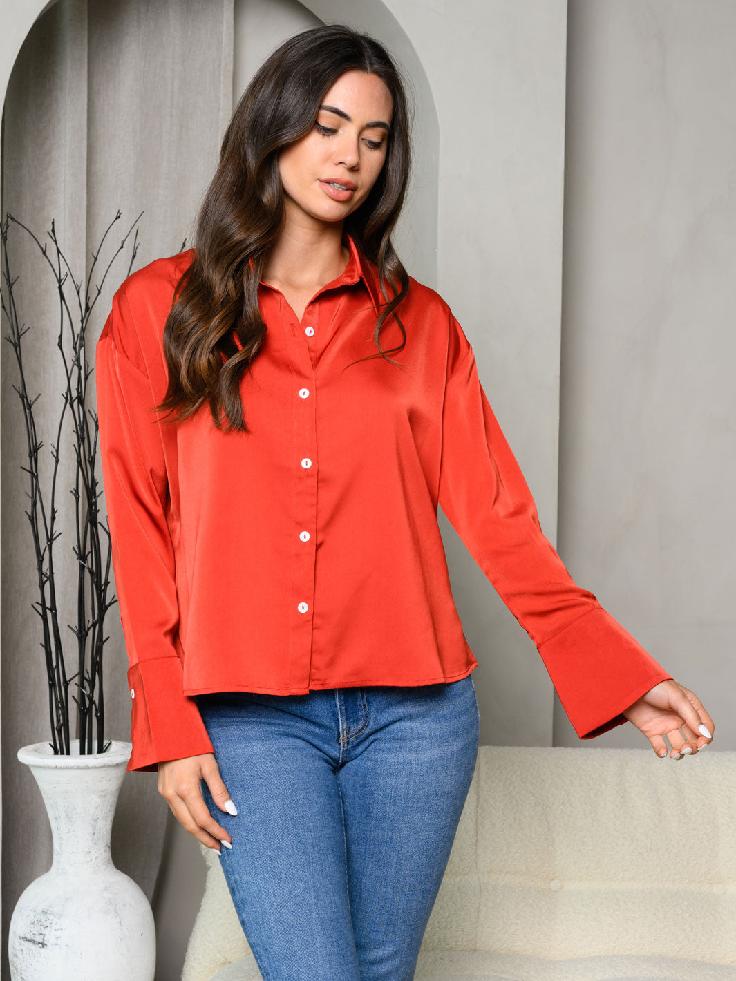 WOMEN'S LONG BELL SLEEVE SOLID BUTTON UP TOP