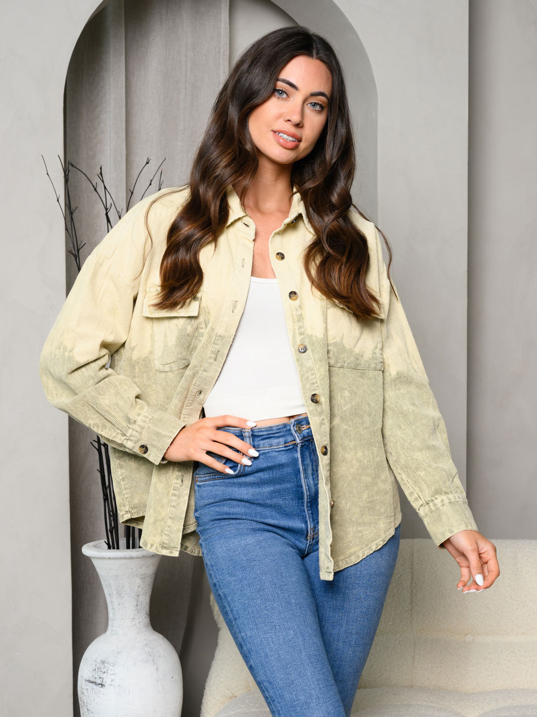 WOMEN'S LONG SLEEVE CORDUROY COLORBLOCK SHIRT TOP