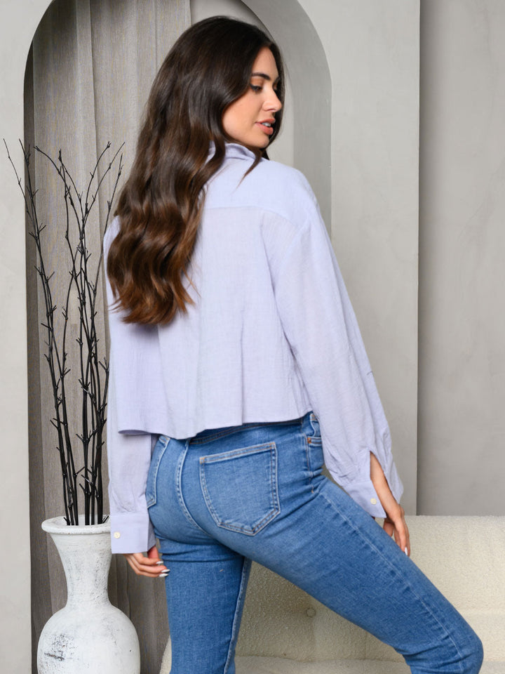 WOMEN'S LONG SLEEVE BUTTON UP SOLID FRONT POCKET TOP