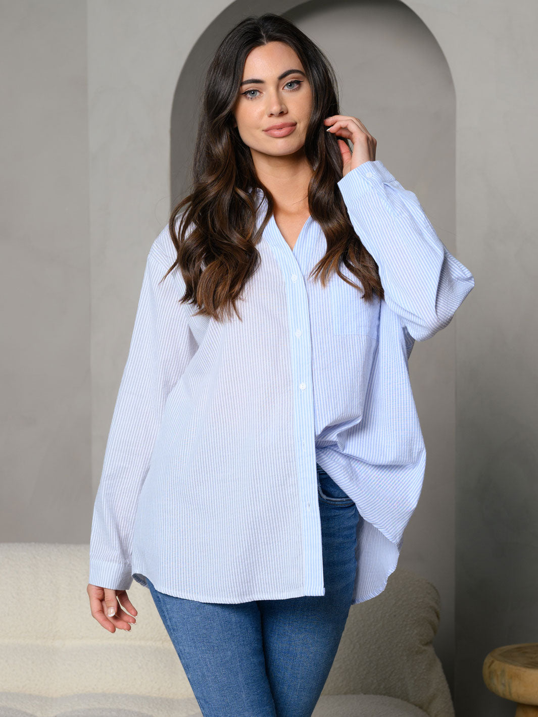 WOMEN'S STRIPES COLORBLOCK COLLAR BUTTON DOWN FRONT LONG SLEEVE TOP