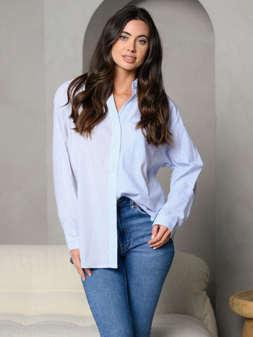 WOMEN'S STRIPES COLORBLOCK COLLAR BUTTON DOWN FRONT LONG SLEEVE TOP