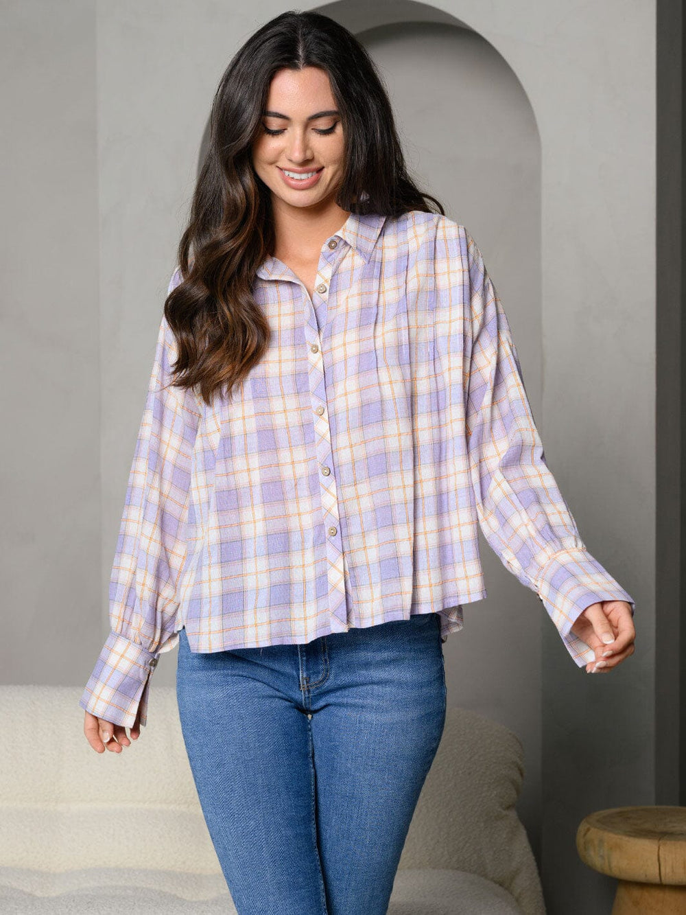 WOMEN'S STRIPES COLLAR BUTTON DOWN FRONT POCKET DETAIL LONG SLEEVE TOP