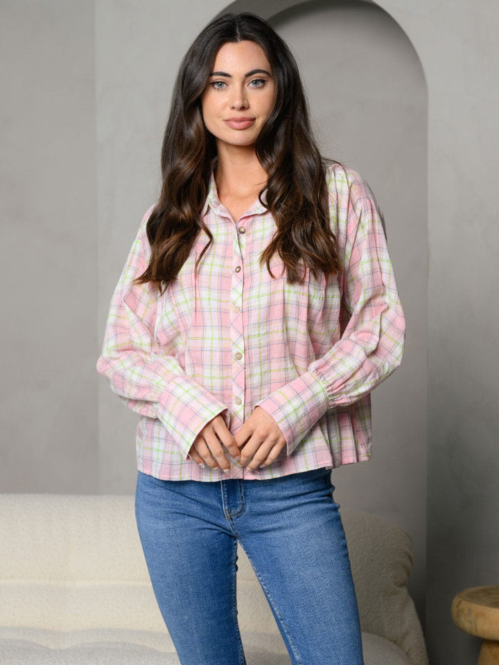 WOMEN'S STRIPES COLLAR BUTTON DOWN FRONT POCKET DETAIL LONG SLEEVE TOP