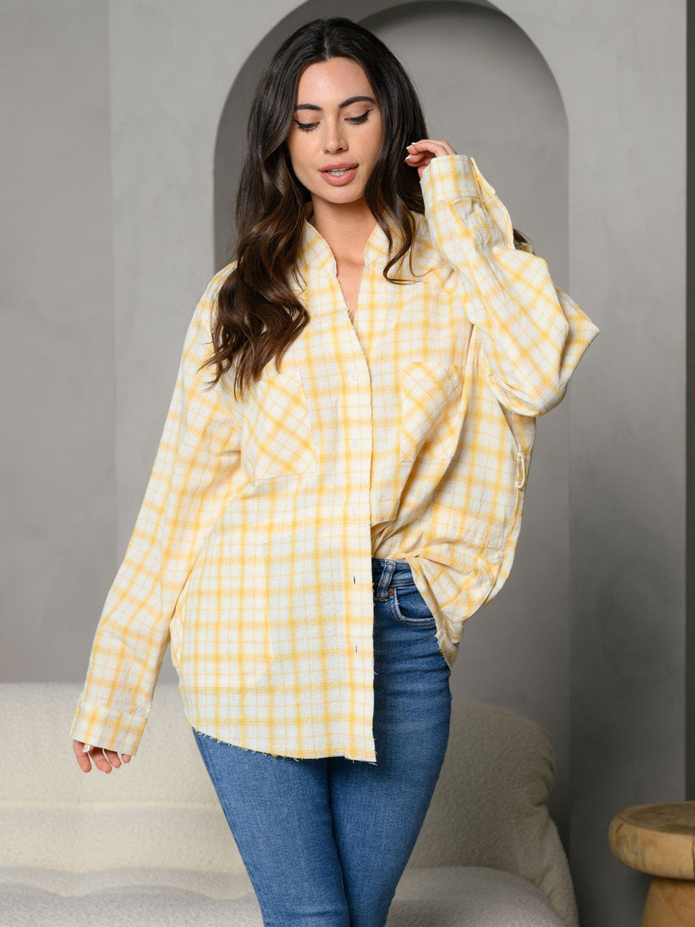 WOMEN'S STRIPES BUTTON DOWN FRONT POCKET DETAIL LONG SLEEVE TOP