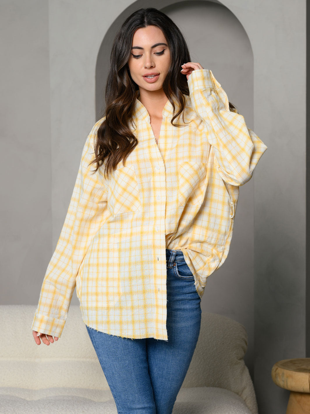 WOMEN'S STRIPES BUTTON DOWN FRONT POCKET DETAIL LONG SLEEVE TOP
