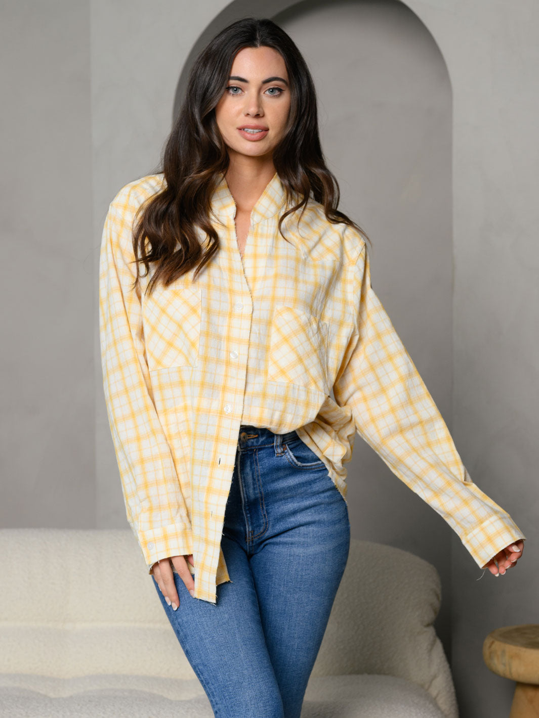 WOMEN'S STRIPES BUTTON DOWN FRONT POCKET DETAIL LONG SLEEVE TOP