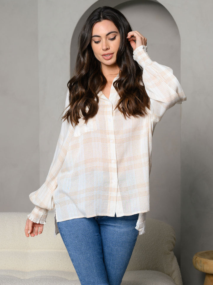 WOMEN'S STRIPES COLLAR BUTTON DOWN FRONT POCKET DETAIL LONG SLEEVE TOP