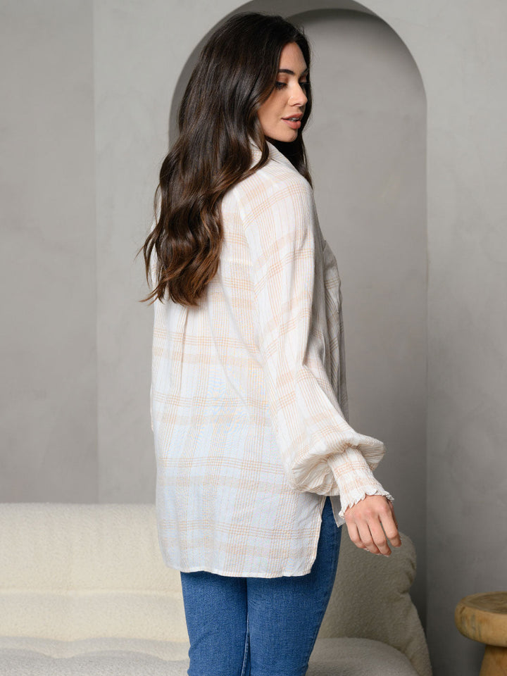 WOMEN'S STRIPES COLLAR BUTTON DOWN FRONT POCKET DETAIL LONG SLEEVE TOP