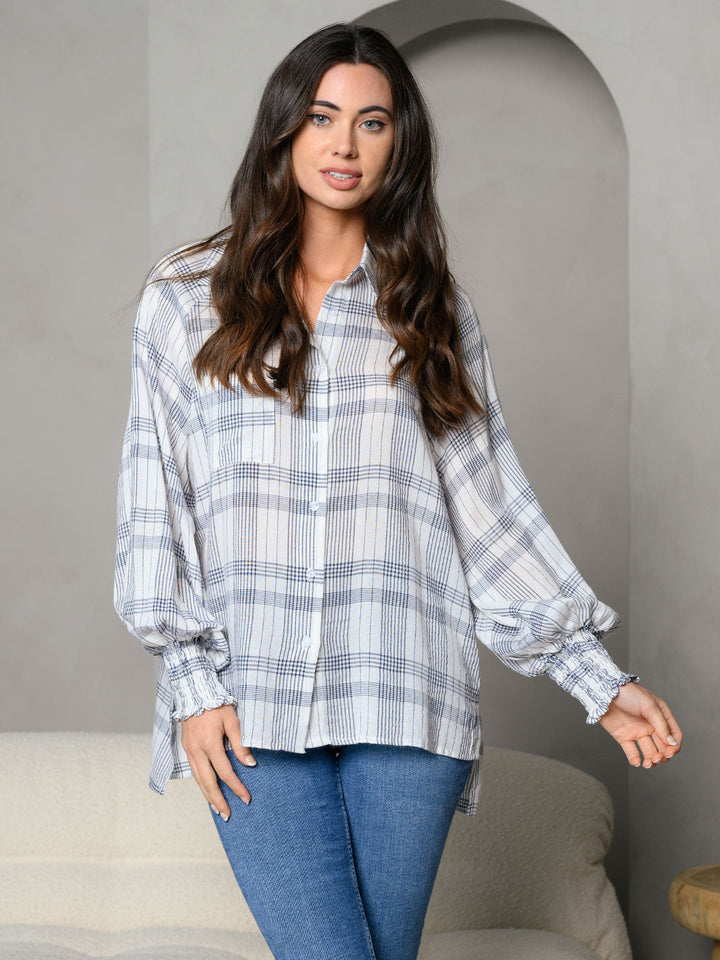 WOMEN'S STRIPES COLLAR BUTTON DOWN FRONT POCKET DETAIL LONG SLEEVE TOP