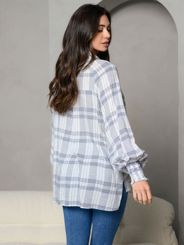 WOMEN'S STRIPES COLLAR BUTTON DOWN FRONT POCKET DETAIL LONG SLEEVE TOP