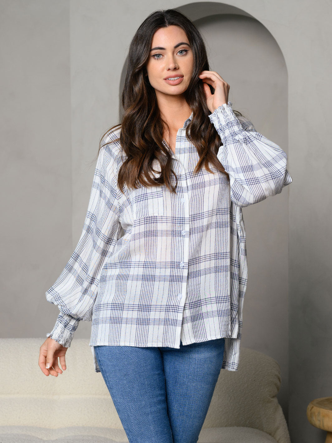 WOMEN'S STRIPES COLLAR BUTTON DOWN FRONT POCKET DETAIL LONG SLEEVE TOP