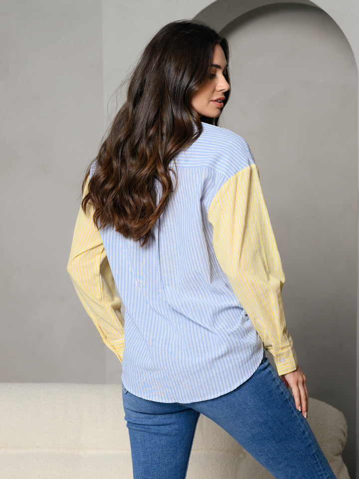 WOMEN'S STRIPES COLLAR BUTTON DOWN FRONT POCKET DETAIL LONG SLEEVE TOP