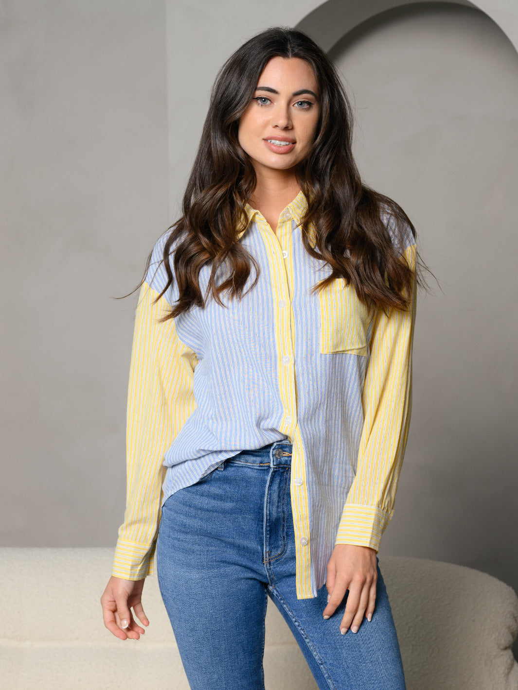 WOMEN'S STRIPES COLLAR BUTTON DOWN FRONT POCKET DETAIL LONG SLEEVE TOP