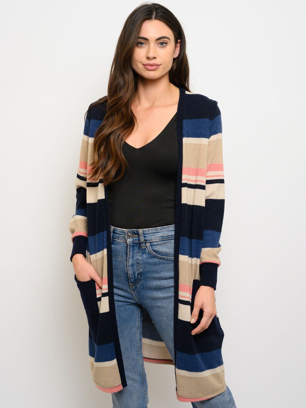 WOMEN'S LONG SLEEVE STRIPES POCKETS CARDIGAN
