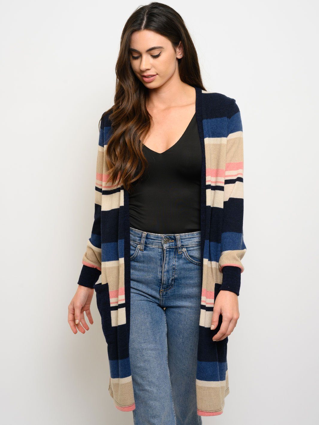 WOMEN'S LONG SLEEVE STRIPES POCKETS CARDIGAN