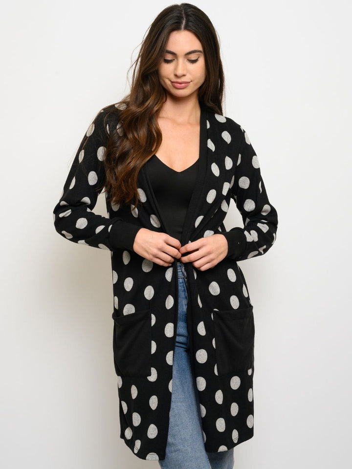 WOMEN'S LONG SLEEVE POLKA DOTS POCKETS CARDIGAN