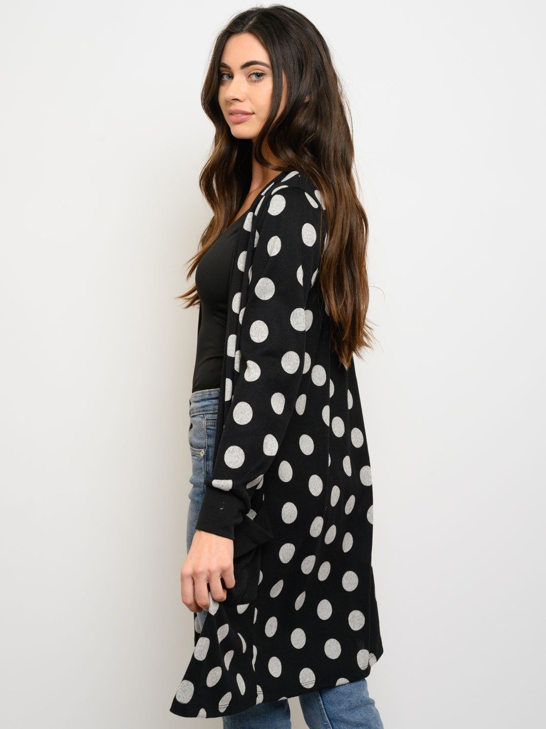WOMEN'S LONG SLEEVE POLKA DOTS POCKETS CARDIGAN