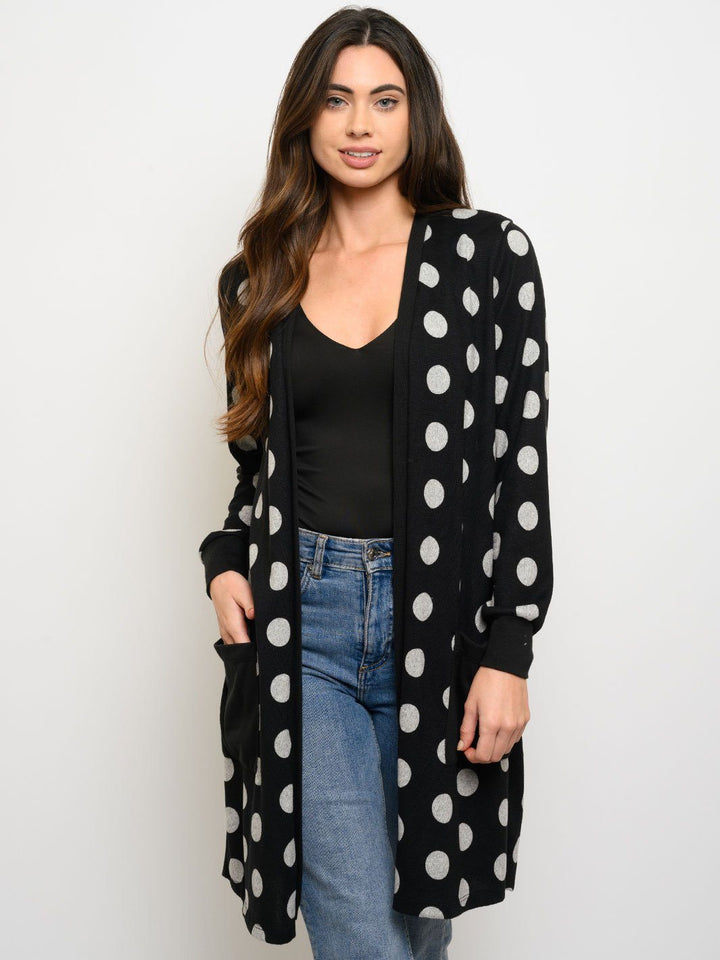 WOMEN'S LONG SLEEVE POLKA DOTS POCKETS CARDIGAN