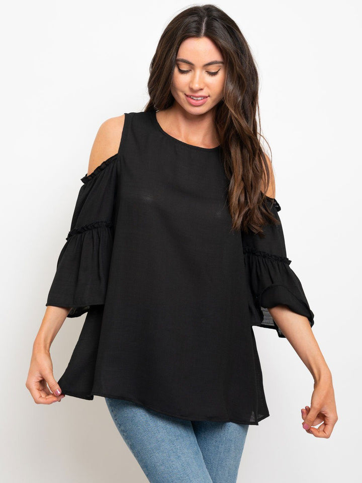 COLD SHOULDER TIERED BELL SLEEVES WOVEN TOP