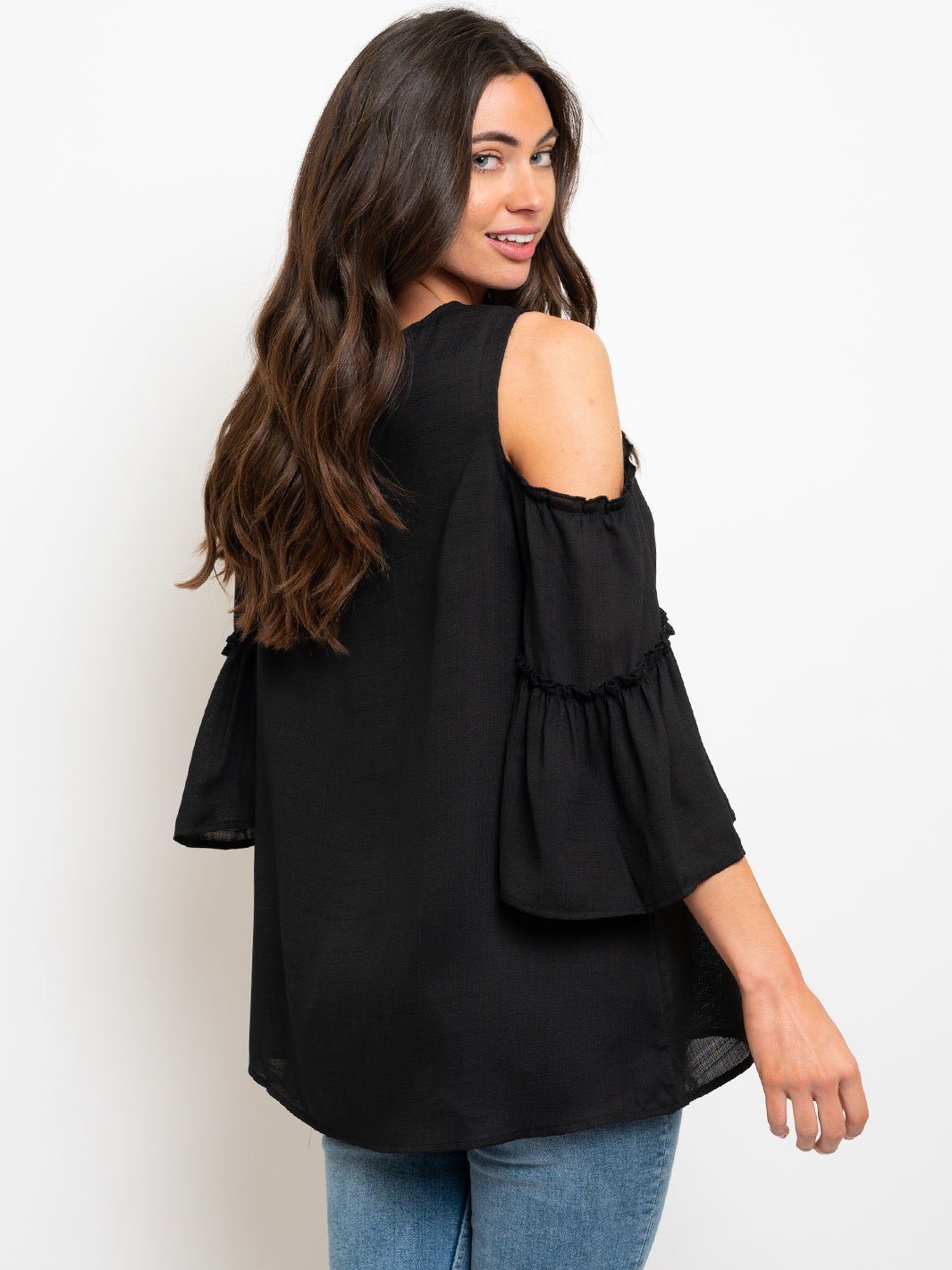COLD SHOULDER TIERED BELL SLEEVES WOVEN TOP
