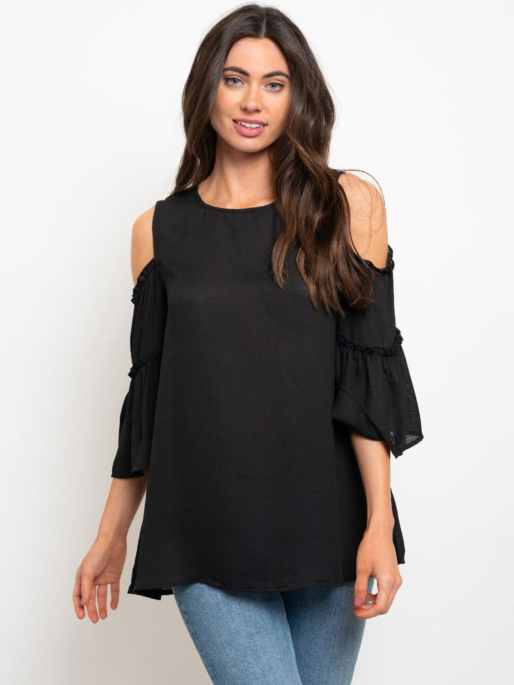 COLD SHOULDER TIERED BELL SLEEVES WOVEN TOP