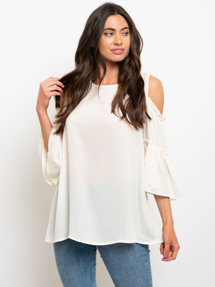 COLD SHOULDER TIERED BELL SLEEVES WOVEN TOP