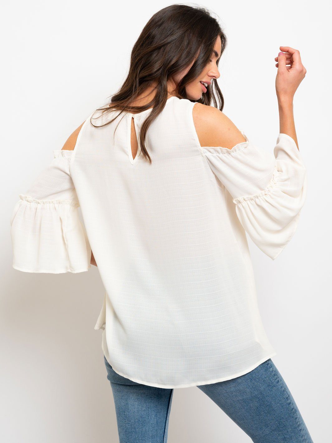 COLD SHOULDER TIERED BELL SLEEVES WOVEN TOP