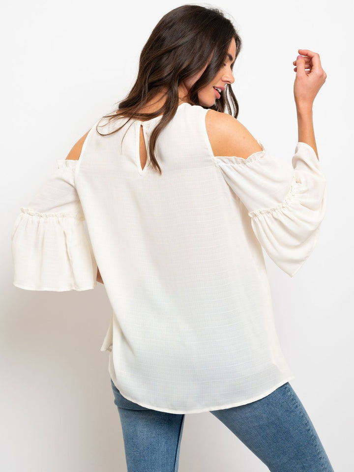 COLD SHOULDER TIERED BELL SLEEVES WOVEN TOP
