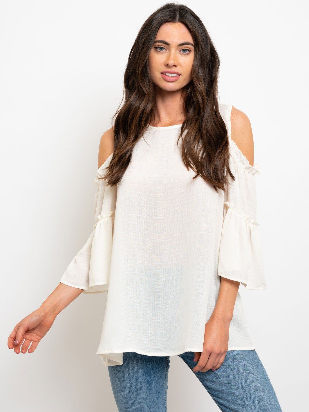 COLD SHOULDER TIERED BELL SLEEVES WOVEN TOP