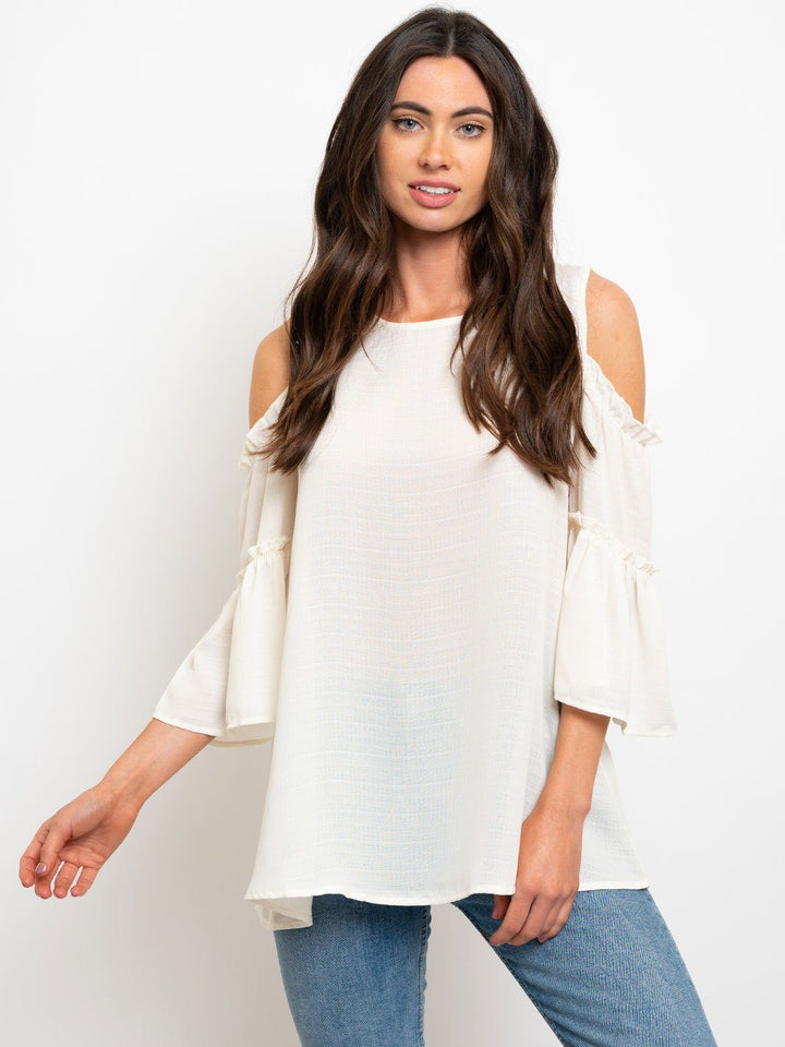 COLD SHOULDER TIERED BELL SLEEVES WOVEN TOP