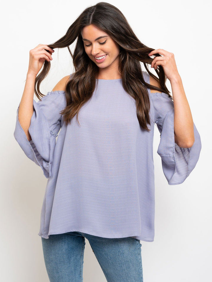 COLD SHOULDER TIERED BELL SLEEVES WOVEN TOP