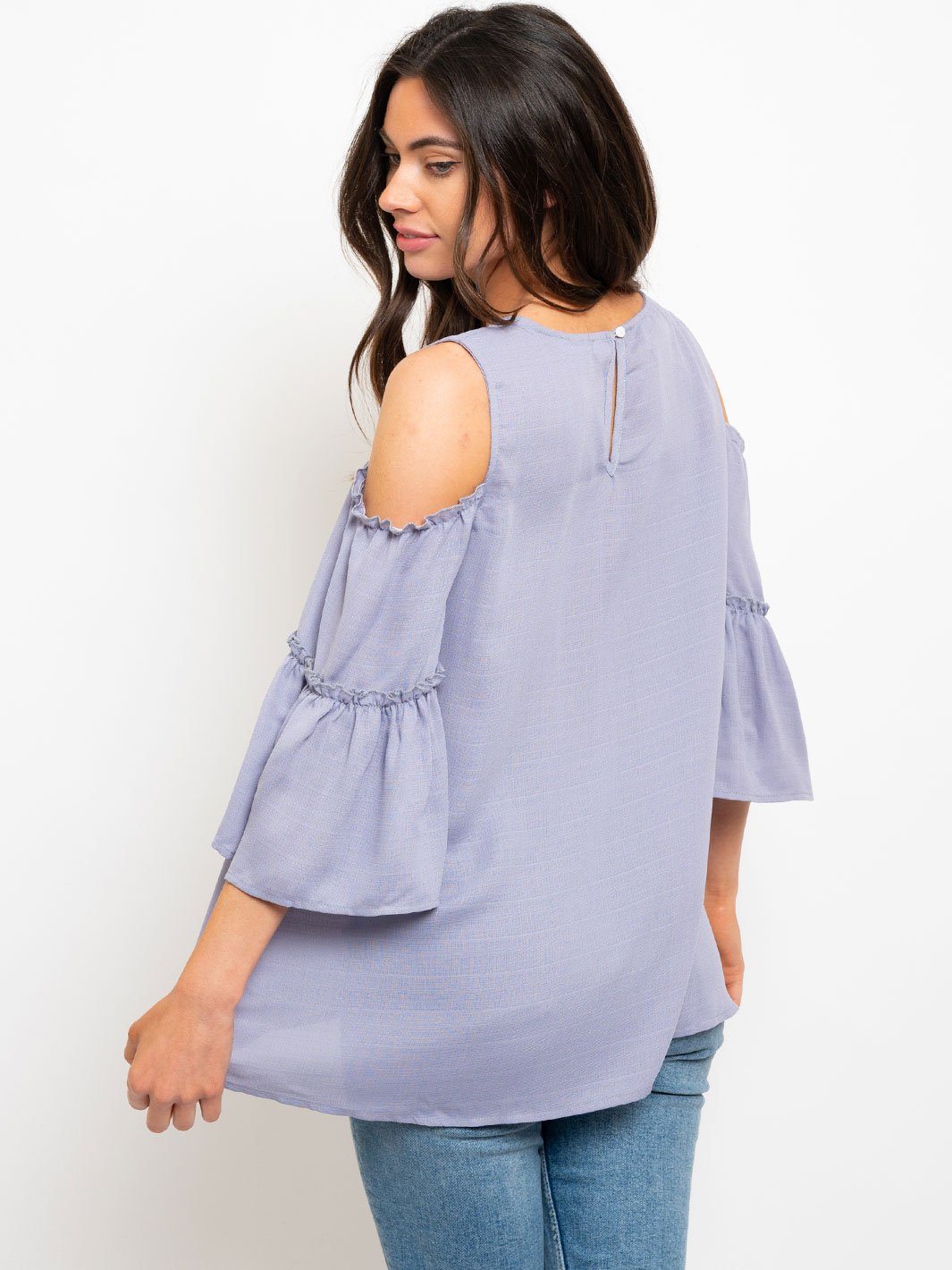 COLD SHOULDER TIERED BELL SLEEVES WOVEN TOP