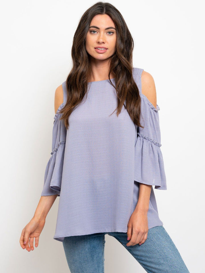COLD SHOULDER TIERED BELL SLEEVES WOVEN TOP
