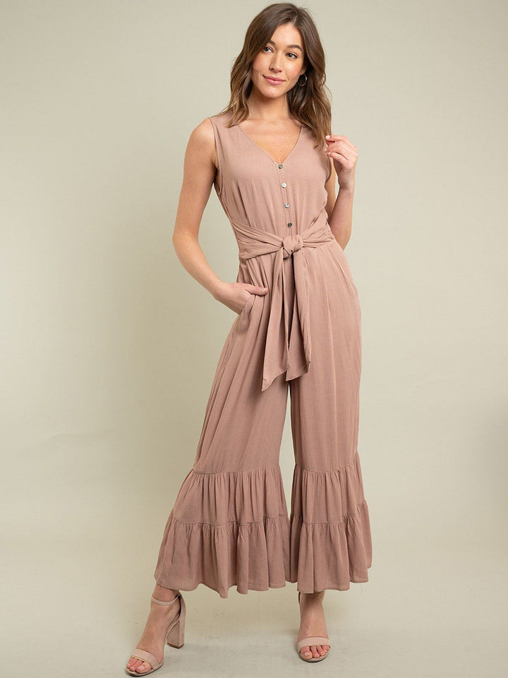 WOMENS RUFFLE BOTTOM BUTTON FRONT JUMPSUIT