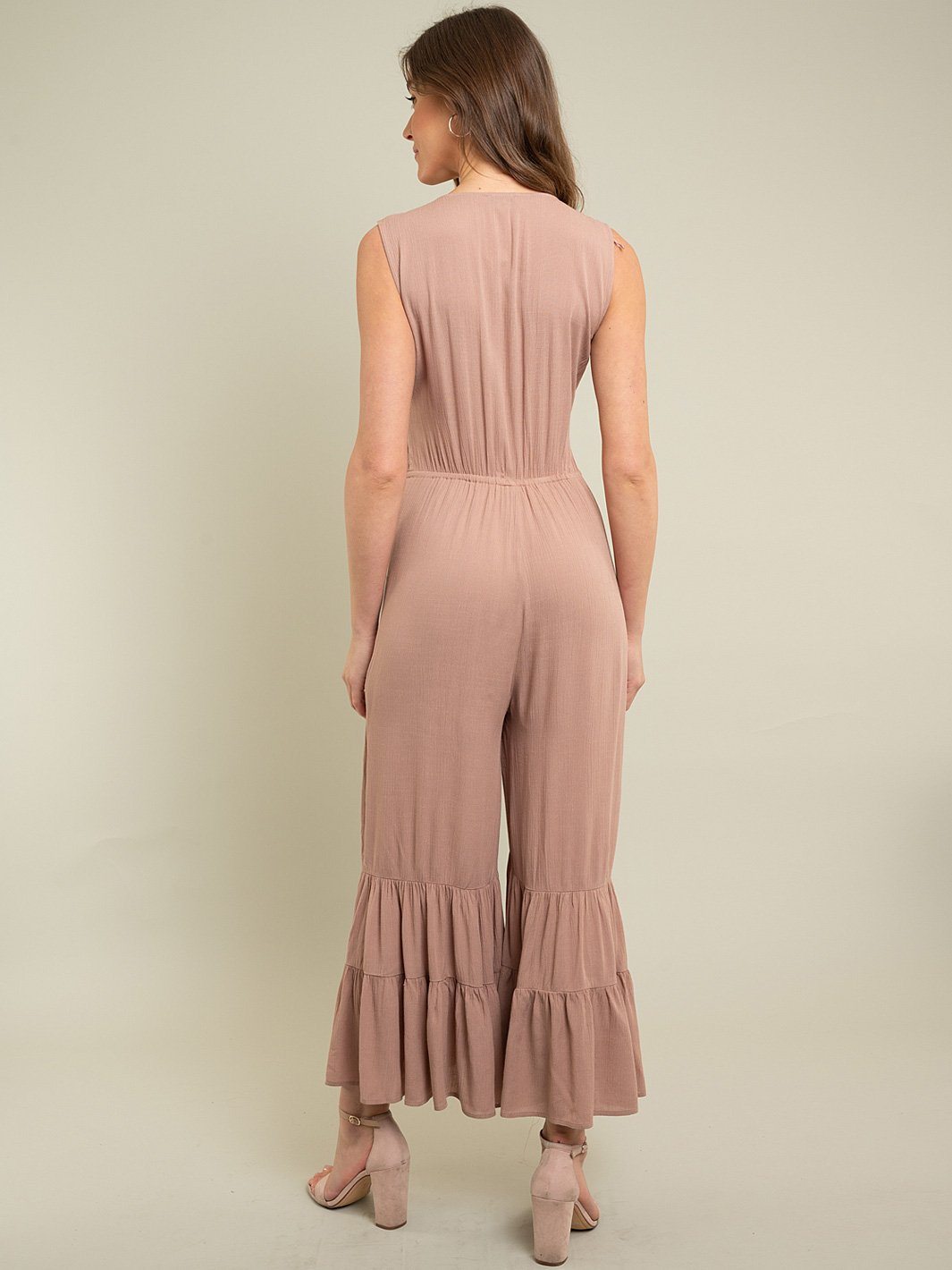 WOMENS RUFFLE BOTTOM BUTTON FRONT JUMPSUIT