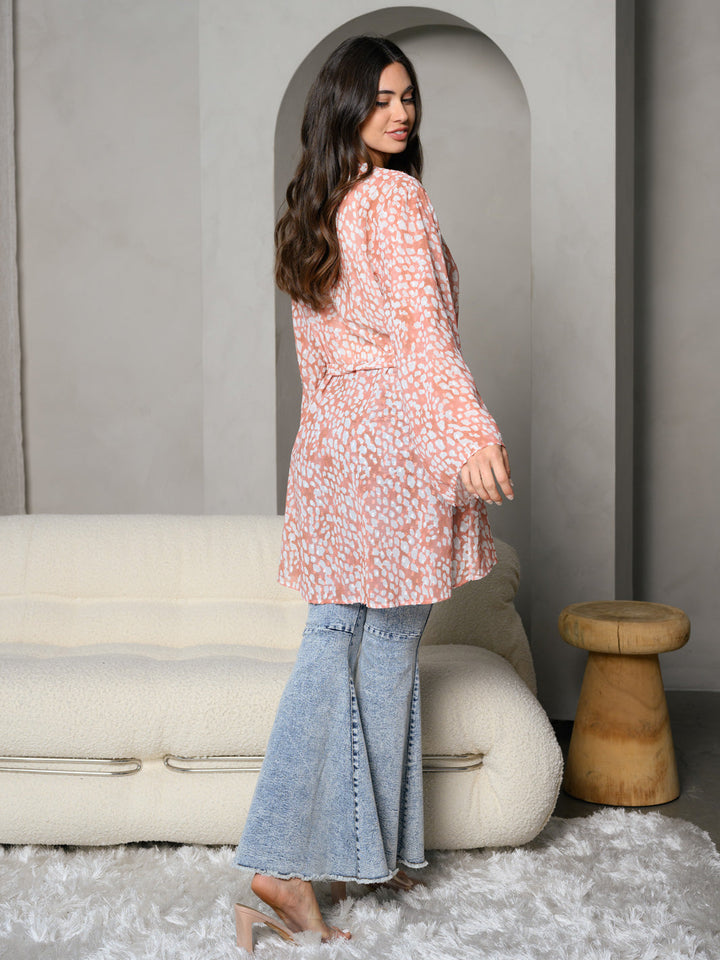 WOMEN'S ANIMAL PRINT TIE FRONT SWISS DOT WOVEN KIMONO