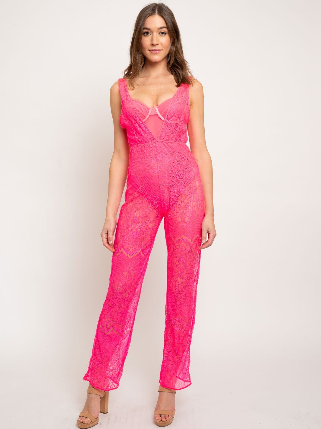 WOMEN'S NEON PINK SHEER JUMPSUIT