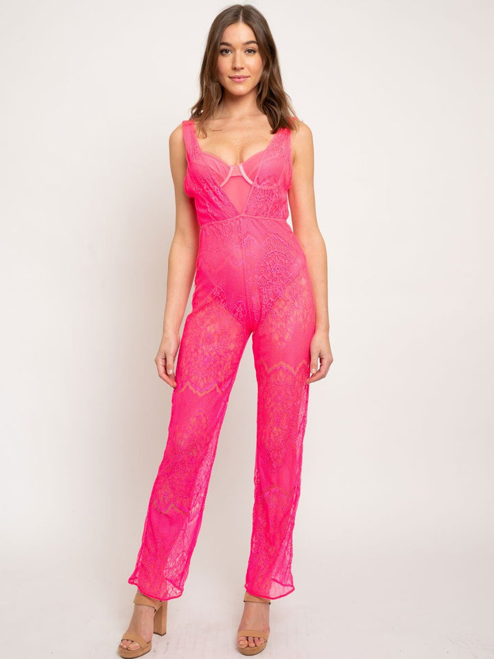 WOMEN'S NEON PINK SHEER JUMPSUIT