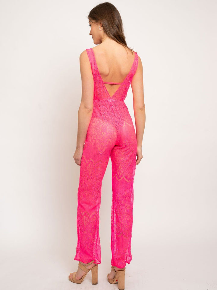 WOMEN'S NEON PINK SHEER JUMPSUIT