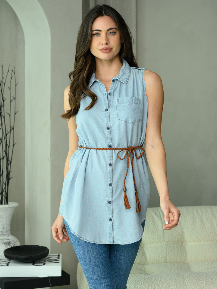 WOMEN'S SLEEVELESS BUTTON UP CHAMBRAY TUNIC TOP