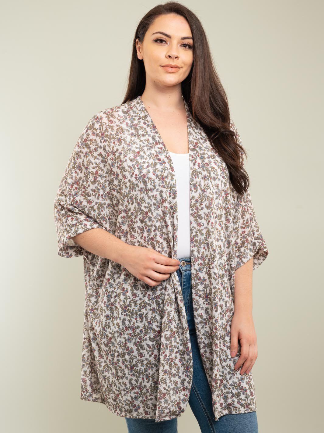 PLUS SIZE 3/4 FLORAL CARDIGAN