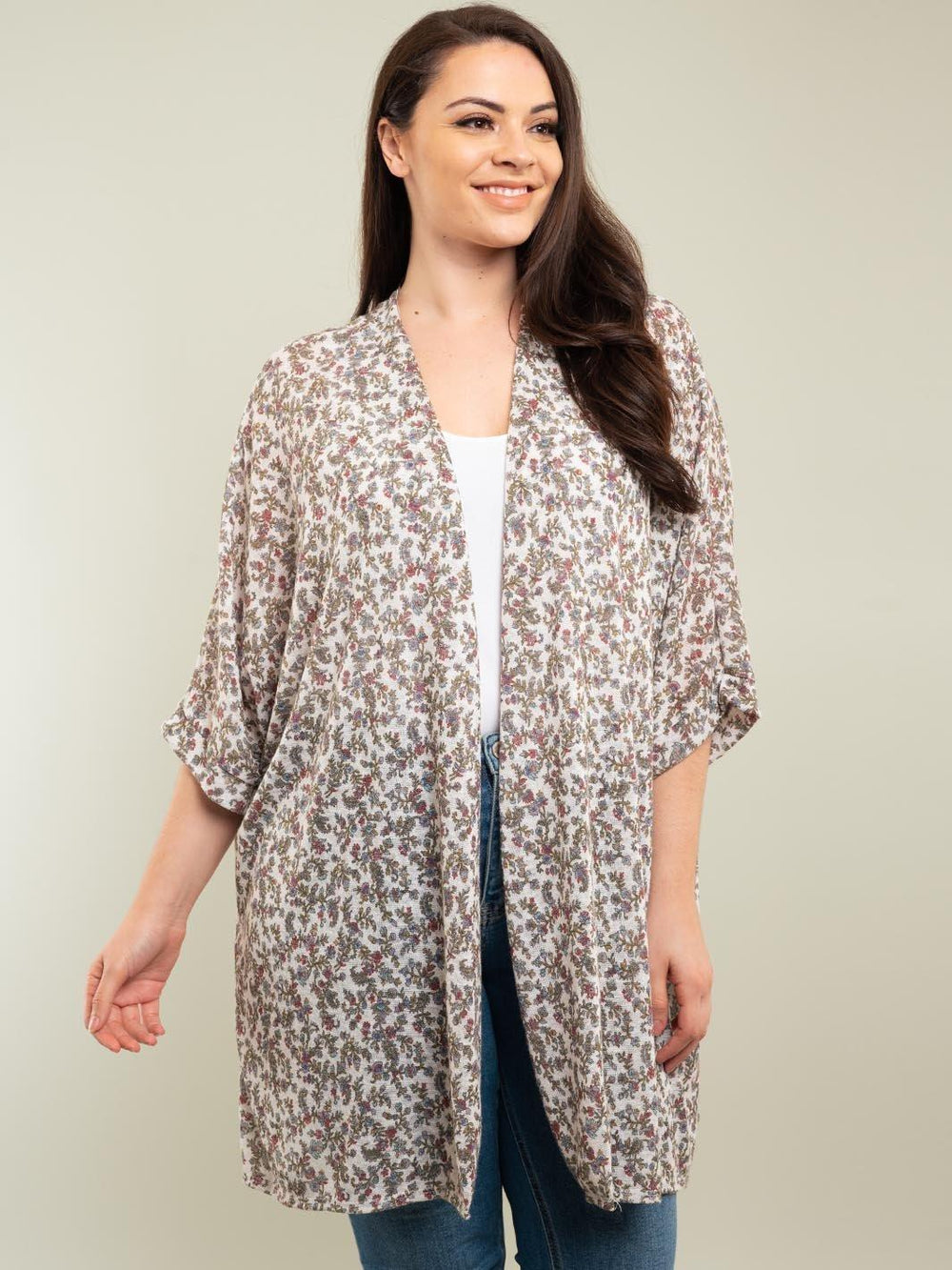 PLUS SIZE 3/4 FLORAL CARDIGAN