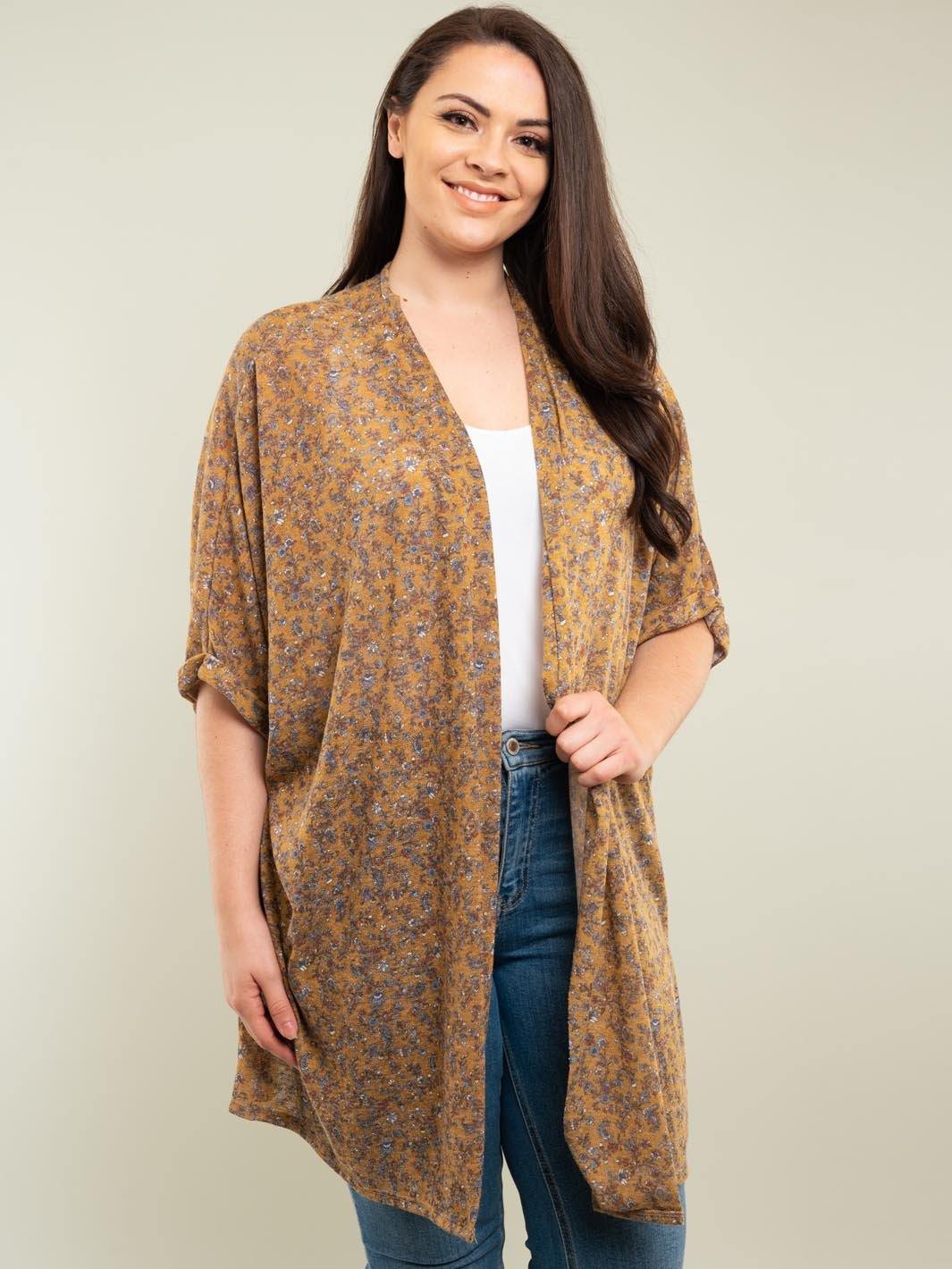 PLUS SIZE 3/4 FLORAL CARDIGAN