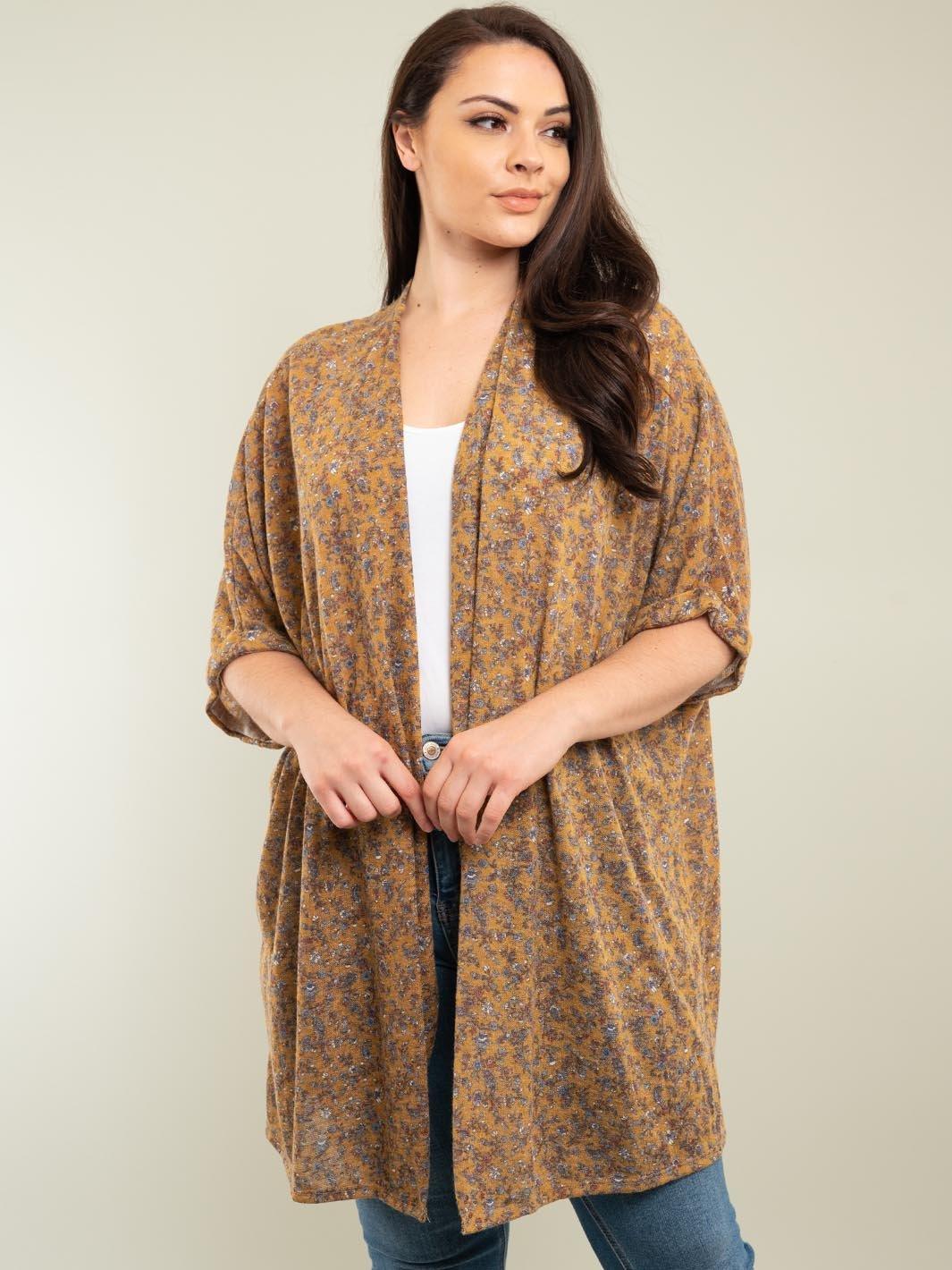 PLUS SIZE 3/4 FLORAL CARDIGAN