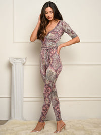 WOMEN'S SELF TIE SURPLICE MULTI PRINT JUMPSUIT
