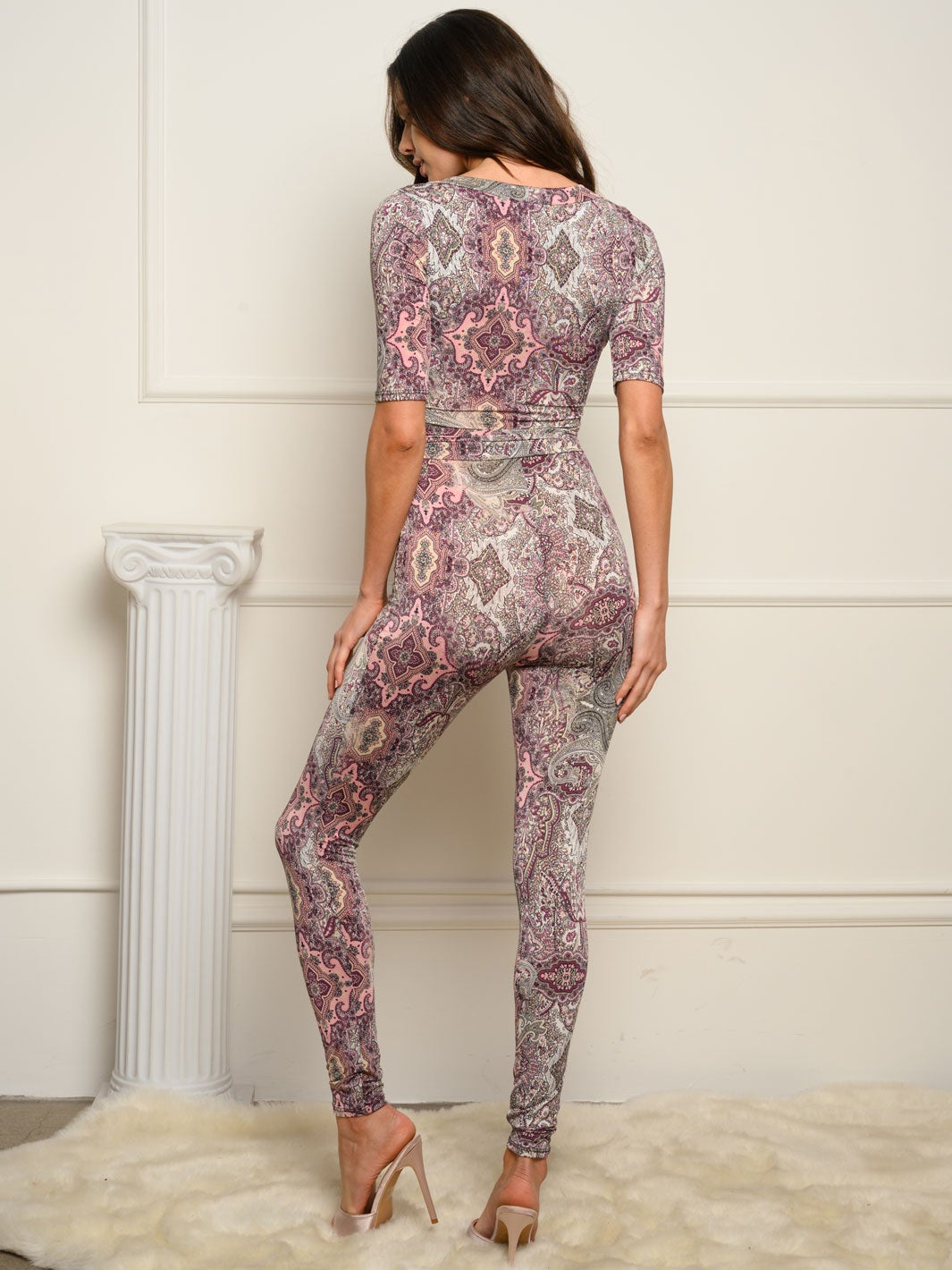 WOMEN'S SELF TIE SURPLICE MULTI PRINT JUMPSUIT