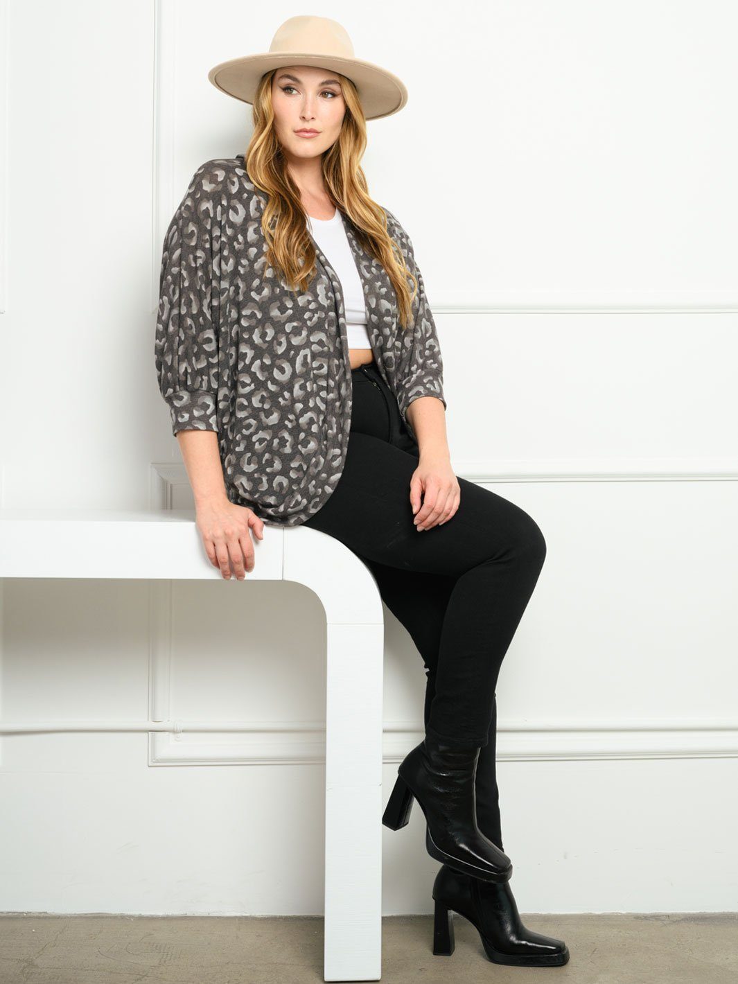 PLUS SIZE ANIMAL PRINT 3/4 SLEEVES CARDIGAN