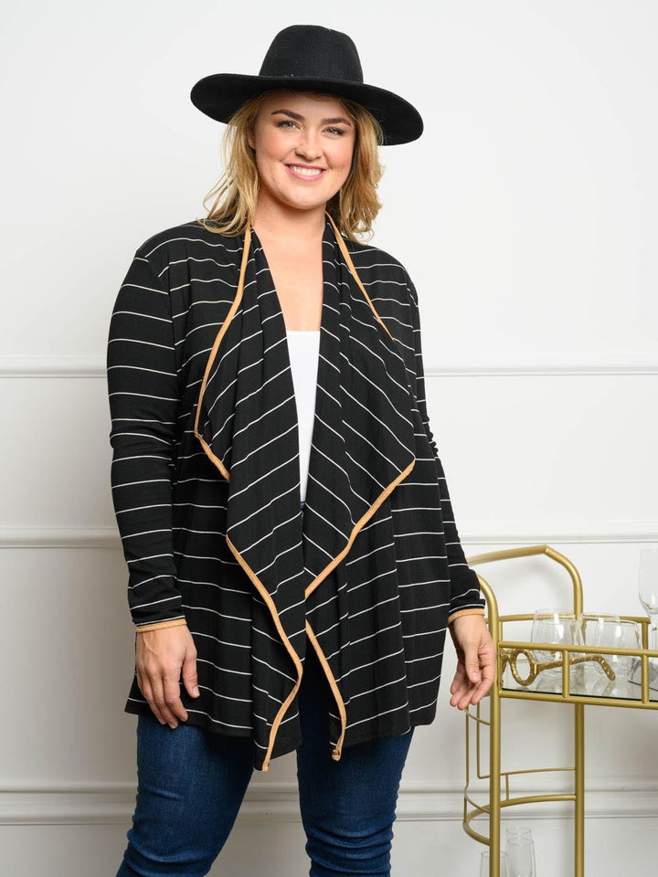 PLUS SIZE STRIPED LONG SLEEVE CARDIGAN