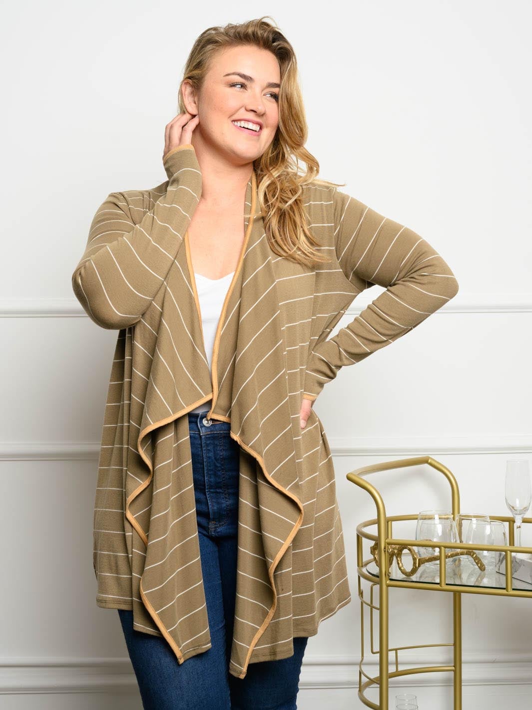 PLUS SIZE STRIPED LONG SLEEVE CARDIGAN